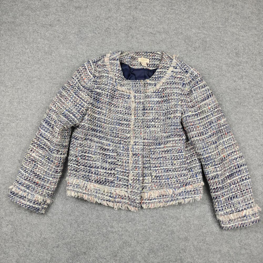 J Crew Jacket Womens 6 Blue Tweed Collarless Fringe Zip Pockets Short Lined